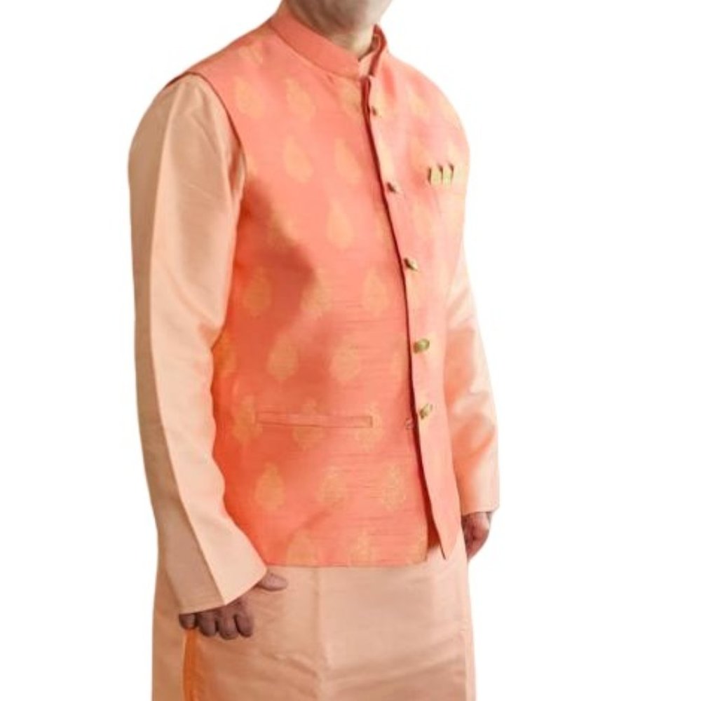 A combo of Peach color Nehru embroidered half jacket with Raw silk kurta set
